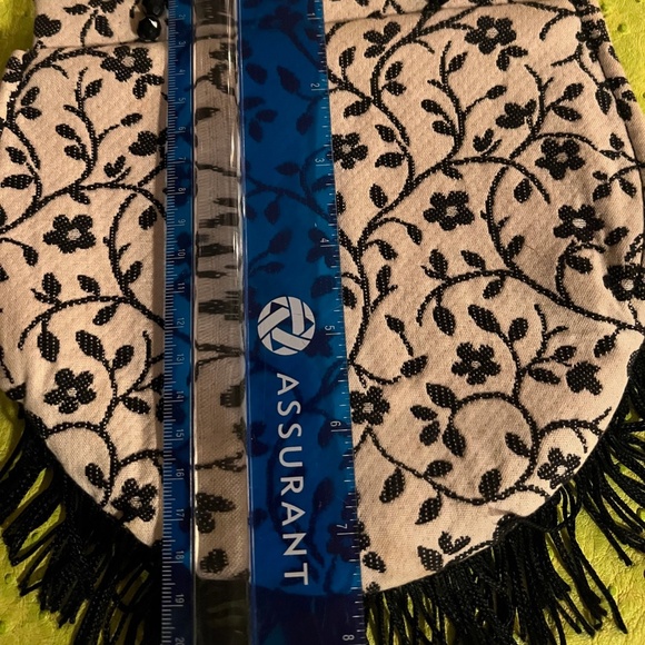 MENA New York Black & White Embroidered W/ Fringe and Beaded Handle Mini Purse - Picture 7 of 8